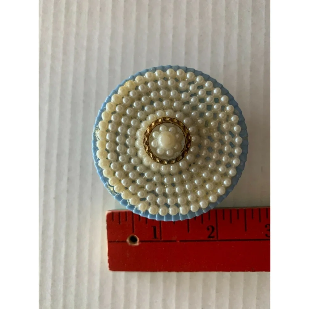 Vtg 1950s Vanity Powder Trinket Pill Box Faux Pearls LOT of 2 Hard Plastic Blue